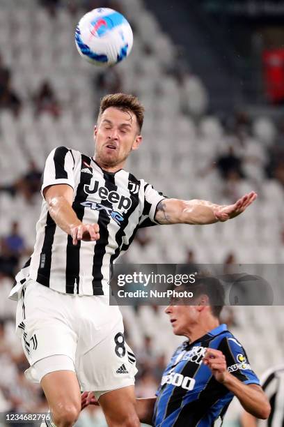 Aaron Ramsey of Juventus in action during to the pre-season friendly match between Juventus and Atalanta BC at Allianz Stadium on August 14, 2021 in...