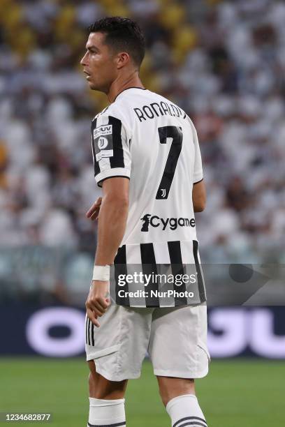 Cristiano Ronaldo of Juventus looks on during to the pre-season friendly match between Juventus and Atalanta BC at Allianz Stadium on August 14, 2021...