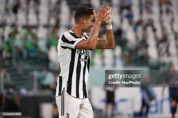 Cristiano Ronaldo of Juventus gestures during to the pre-season friendly match between Juventus and Atalanta BC at Allianz Stadium on August 14, 2021...