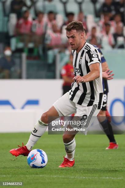 Aaron Ramsey of Juventus in action during to the pre-season friendly match between Juventus and Atalanta BC at Allianz Stadium on August 14, 2021 in...