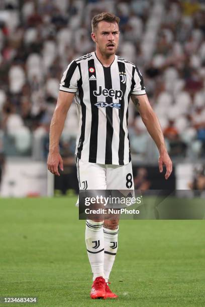 Aaron Ramsey of Juventus in action during to the pre-season friendly match between Juventus and Atalanta BC at Allianz Stadium on August 14, 2021 in...