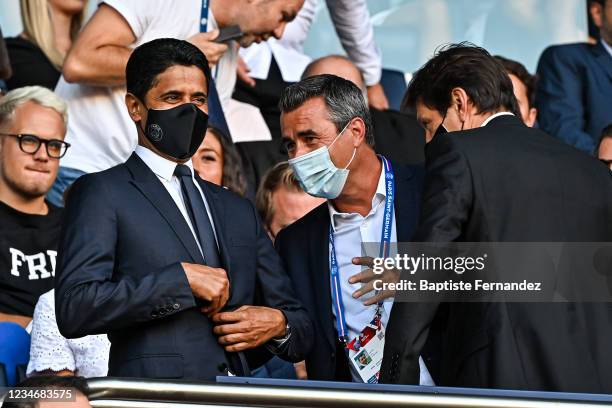 Marc KELLER president of Strasbourg, Nasser AL-KHELAIFI president of Paris Saint Germain and LEONARDO Nascimento de Araujo Sporting Director of Paris...