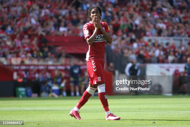 Djed Spence of Middlesbrough reacts during the Sky Bet Championship match between Middlesbrough and Bristol City at the Riverside Stadium,...