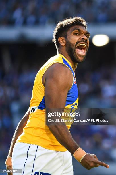 Liam Ryan of the Eagles celebrates a goal during the 2021 AFL Round 22 match between the Fremantle Dockers and the West Coast Eagles at Optus Stadium...