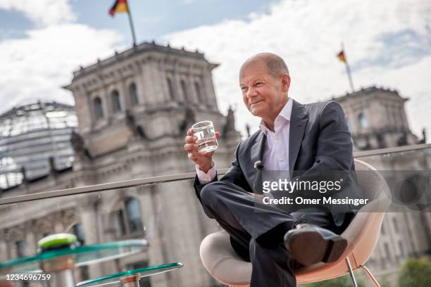 Olaf Scholz, chancellor candidate of the German Social Democratic Party , attends the annual ARD television summer interview with journalist Tina...