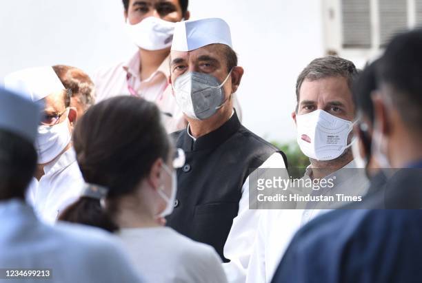 Congress leader Rahul Gandhi, Ghulam Nabi Azad and others during the flag hoisting ceremony on the occasion of Indias 75th Independence Day at AICC...