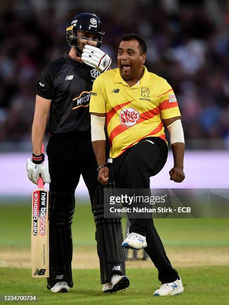 Samit Patel of the Trent Rockets celebrates after taking the wicket of Joe Clakre of the Manchester Originals during The Hundred match between Trent...
