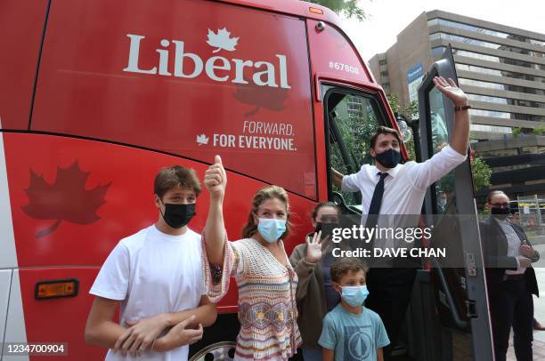 Canada's Prime Minister Justin Trudeau , his wife Sophie Gregoire Trudeau and their children Xavier , Ella-Grace and Hadrien waves to supporters...