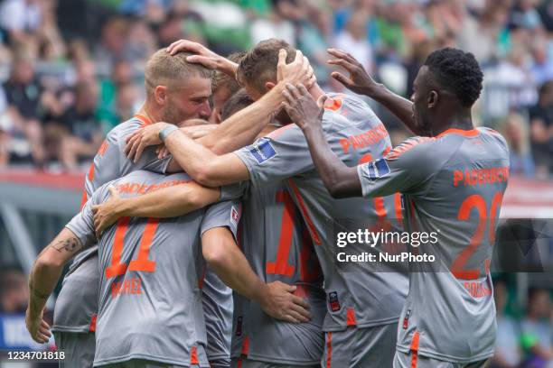 Felix Platte of SC Paderborn celebrates after scoring his team's scond goal during the Second Bundesliga match between SV Werder Bremen and SC...