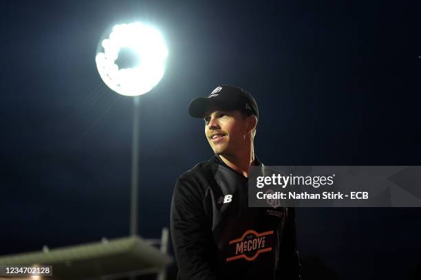 Lockie Ferguson of the Manchester Originals looks on during The Hundred match between Trent Rockets Men and Manchester Originals Men at Trent Bridge...