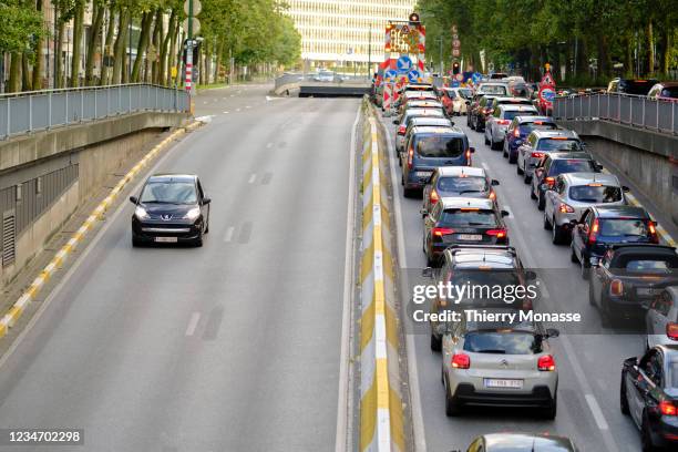 Car passes on the Brussels' small ring while there is a traffic jam on the other side on August 15, 2021 in Brussels, Belgium.