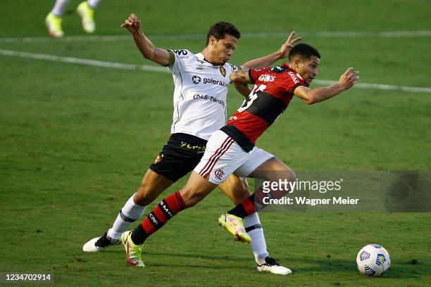 João Gomes competes for the ball with Hernanes of Sport Recife during a match between Flamengo and Sport Recife as part of Brasileirao 2021 at...