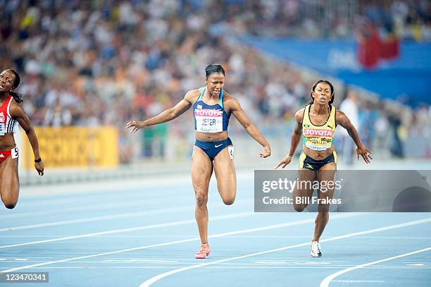 13th IAAF World Championships in Athletics: USA Carmelita Jeter in action during Women's 100M final at Daegu Stadium. Jeter wins gold. Daegu, South...