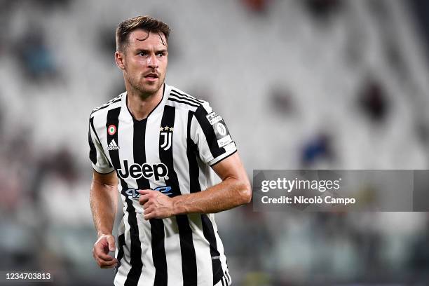 Aaron Ramsey of Juventus FC looks on during the friendly football match between Juventus FC and Atalanta BC. Juventus FC won 3-1 over Atalanta BC.