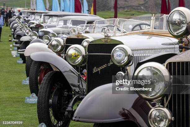 Hispano-Suiza H6B Labourdette Skiff, second right, lined up with other classic vehicles at the 2021 Pebble Beach Concours d'Elegance in Pebble Beach,...