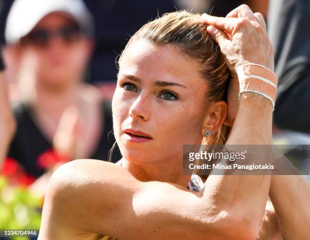 Camila Giorgi of Italy looks on during the post-game ceremony after defeating Karolina Pliskova of the Czech Republic during her Womens Singles Final...
