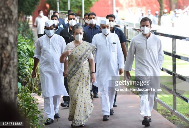 Congress leader Sonia Gandhi along with Rahul Gandhi and others arrives at AICC headquarter for flag hoisting ceremony on Independence Day, on August...