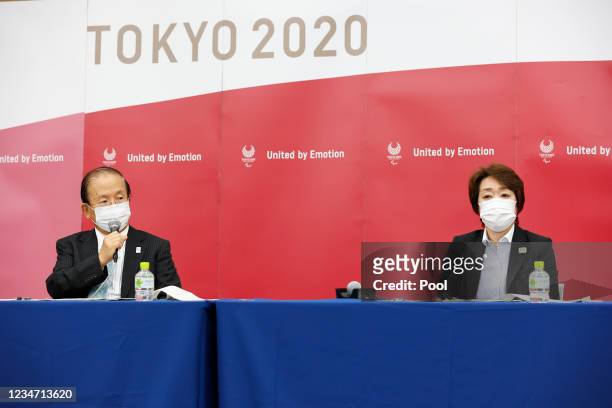 Toshiro Muto CEO of Tokyo 2020 and Tokyo 2020 President Seiko Hashimoto speak during a press conference following a meeting to discuss the...