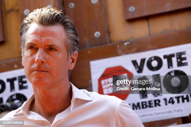 California Gov. Gavin Newsom meets with Latino leaders to vote no on the recall at Hecho en Mexico restaurant in East Los Angeles on August 14, 2021....