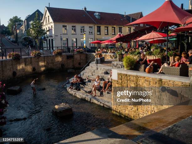 Hundreds of tourists are enjoying the good weather in one of the terraces in the tourism town of Gulpen, during the new route, The Dutch Mountain...