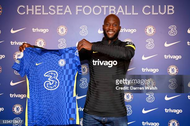 Romelu Lukaku of Chelsea during his unveiling as a Chelsea player at Chelsea Training Ground on August 16, 2021 in Cobham, England.