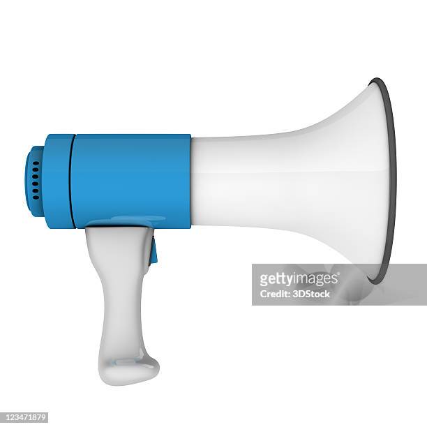 an isolated white and blue megaphone on a white background  - megaphone stock pictures, royalty-free photos & images