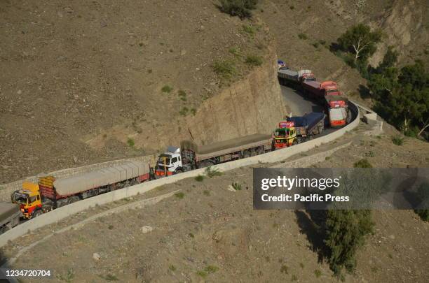 View of the stranded trucks parked beside the road due to the closure of the border crossing between Afghanistan and Pakistan. Afghanistan and...