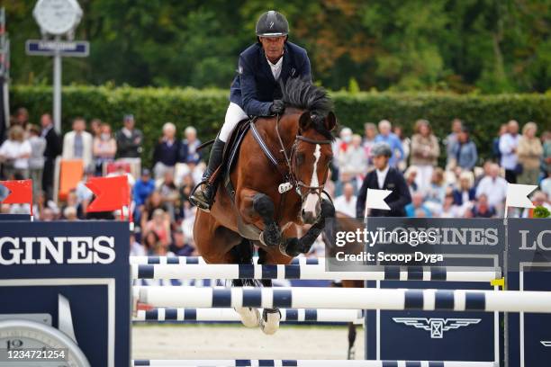 Florian Angot of France riding Chrome d'Ivraie during the Longines Classic Deauville on August 15, 2021 in Deauville, France.