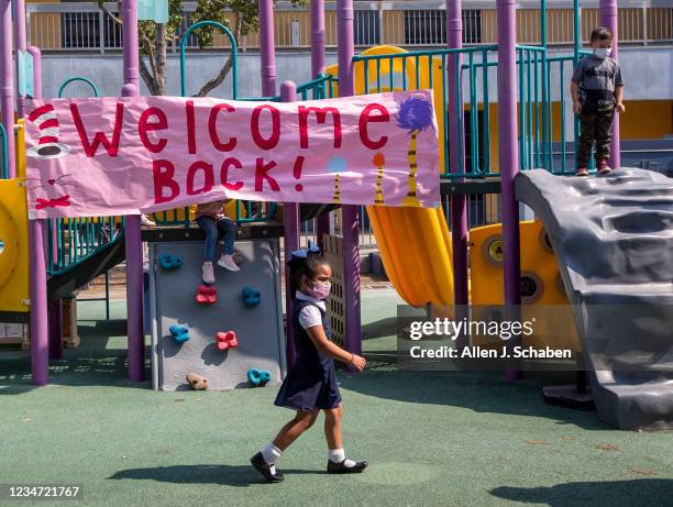 August 16: Kindergarteners play during recess on the first day of school at Los Angeles Unified School District at Montara Avenue Elementary School...