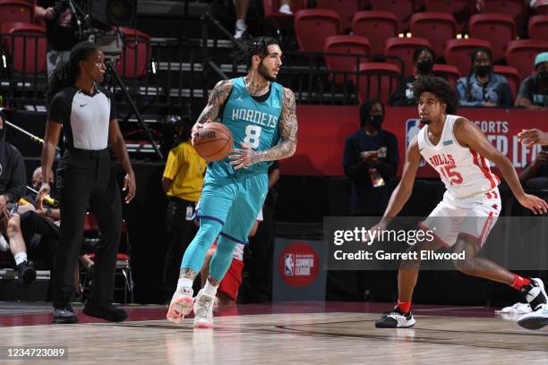 LiAngelo Ball of Charlotte Hornets handles the ball against the Chicago Bulls during the 2021 Las Vegas Summer League on August 16, 2021 at the...