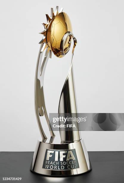 Beach Soccer World Cup Winner's trophy is displayed prior the FIFA Beach Soccer World Cup Russia 2021 on August 17, 2021 in Moscow, Russia.