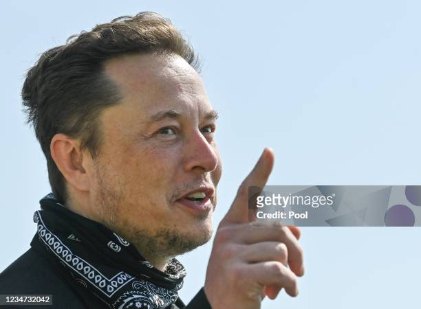 Tesla CEO Elon Musk talks during a tour of the plant of the future foundry of the Tesla Gigafactory on August 13, 2021 in Grünheide near Berlin,...