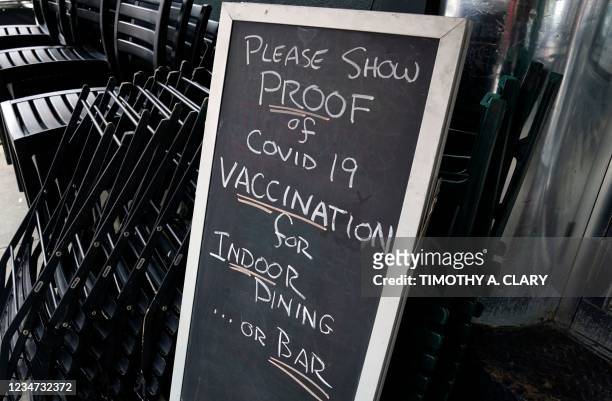 Sign is viewed at a restaurant in New York's Upper West Side on August 17 the first day where you have to show proof of having a Covid-19 vaccination...