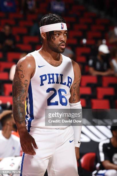 Frank Mason III of the Philadelphia 76ers looks on during the game against the Utah Jazz during the 2021 Las Vegas Summer League on August 17, 2021...