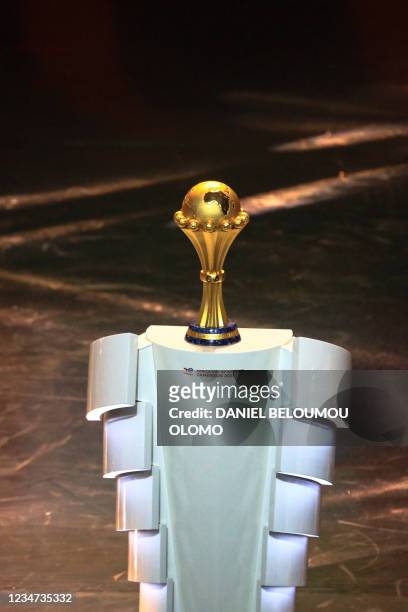 Photo of the African Cup of Nations trophy during the draw ceremony for the 2022 African Cup of Nations in Yaounde, Cameroon, on August 17, 2021.