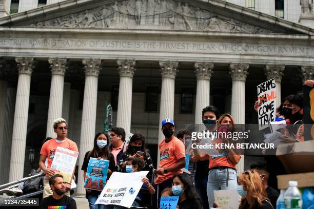 Woman from Dominican republic speaks as people attend a protest supporting DACA, Deferred Action for Childhood Arrivals, at Foley Square in New York,...