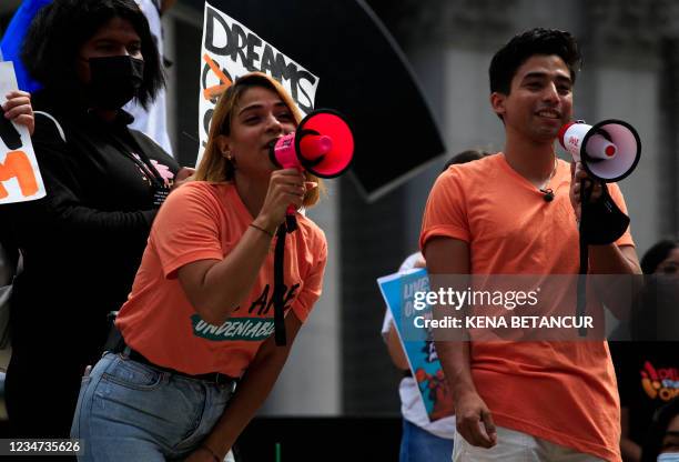 Woman from Dominican Republic speaks as people attend a protest supporting DACA, Deferred Action for Childhood Arrivals, at Foley Square in New York,...