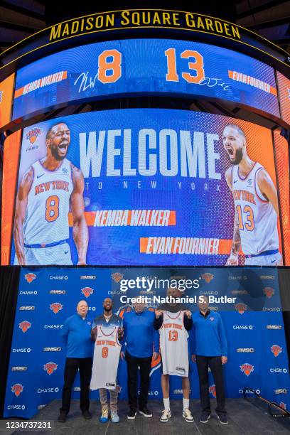 Head Coach Tom Thibodeau, Leon Rose, and Scott Perry of the New York Knicks welcome Kemba Walker and Evan Fournier during the New York Knicks...