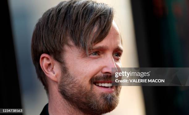 Actor Aaron Paul arrives for the Warner Bros premiere of "Reminiscence" at the TCL Chinese theatre on August 17, 2021 in Hollywood, California.