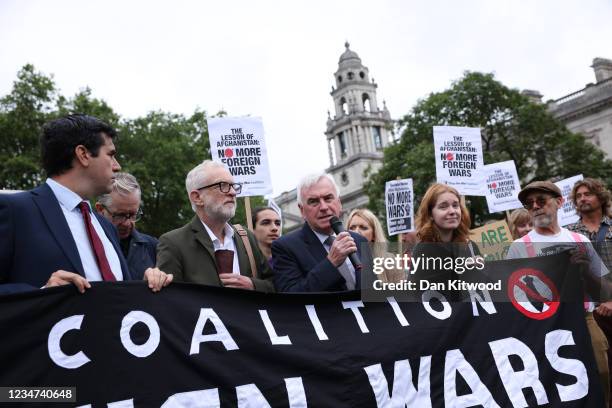 Labour MP Richard Burgon, former leader of the Labour Party Jeremy Corbyn and Labour MP John McDonnell attend a protest against the future occupation...