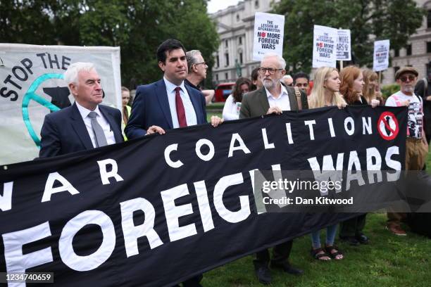 Labour MP John McDonnell, Labour MP Richard Burgon and former leader of the Labour Party Jeremy Corbyn attend a protest against the future occupation...