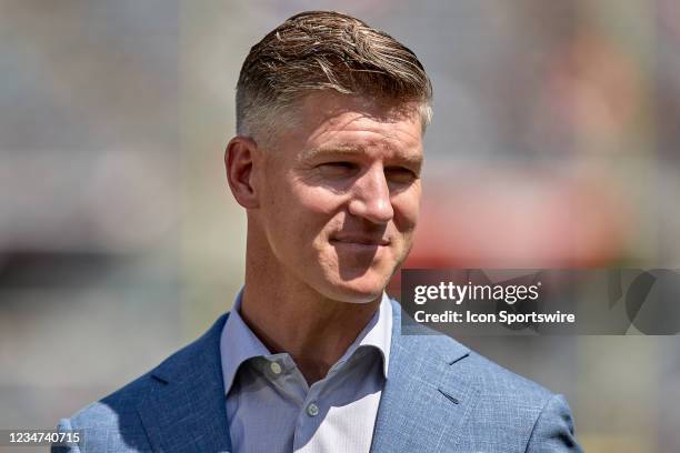 Chicago Bears General Manager Ryan Pace looks on during a preseason game between the Chicago Bears and the Miami Dolphins on August 14, 2021 at...