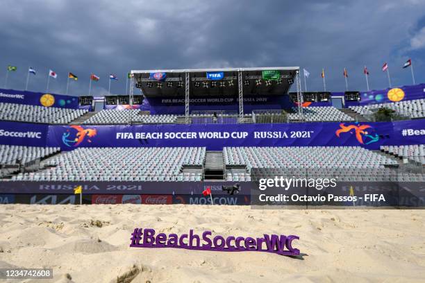 In this photo illustration is a general view of the Luzhniki beach soccer stadium prior the FIFA Beach Soccer World Cup 2021 on August 18, 2021 in...