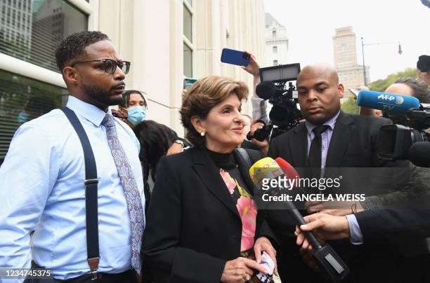 Timothy Savage the father of victim Jocelyn Savage and attorney Gloria Allred speak to the media as they arrive to attend the trial in the...