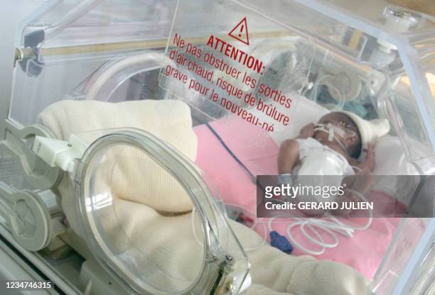 Un bébé prématuré dort dans une couveuse, le 18 janvier 2005 à Marseille, lors du transfert d'une quinzaine de bébés prématurés entre l'hôpital de la...