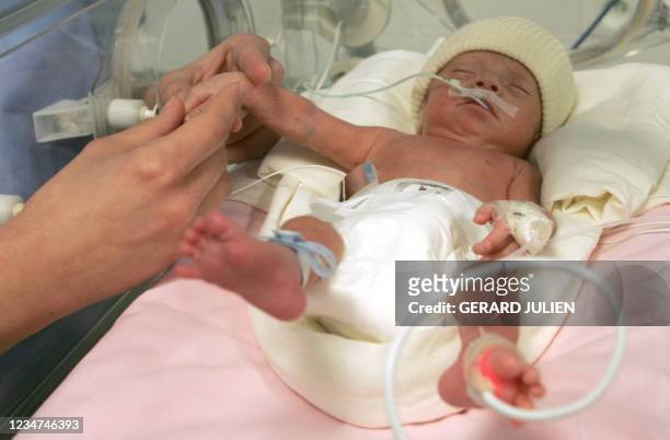 Une infirmière s'occupe d'un bébé prématuré dans une couveuse, le 18 janvier 2005 à Marseille, lors du transfert d'une quinzaine de bébés prématurés...