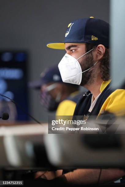 Swizurk of the Pacers Gaming looks on during the game against the Pistons Gaming Team on August 13, 2021 at the Ascension St. Vincent Center in...