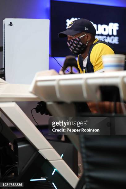 LavishPhenom of the Pacers Gaming looks on during the game against the Pistons Gaming Team on August 13, 2021 at the Ascension St. Vincent Center in...