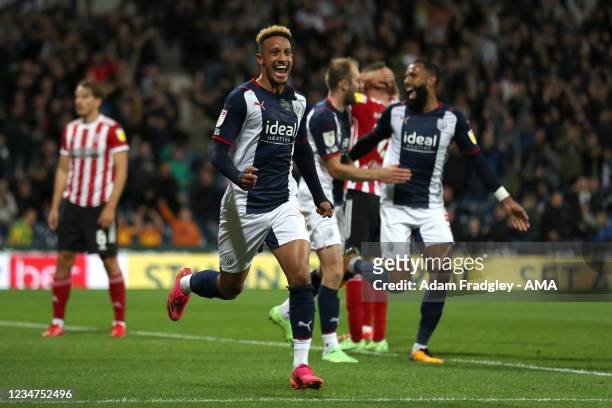 Callum Robinson of West Bromwich Albion celebrates after scoring a goal to make it 4-0 during the Sky Bet Championship match between West Bromwich...