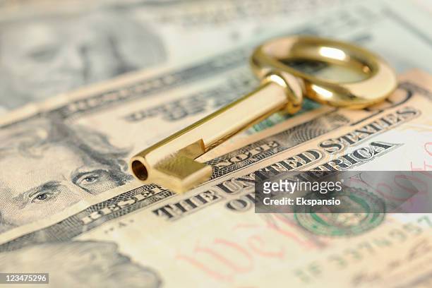 gold key to success over united states dollars in cash - monetary policy 個照片及圖片檔